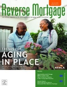 An older couple gardening together and smiling on the cover of Reverse Mortgage magazine with the headline "Trends for Aging in Place.