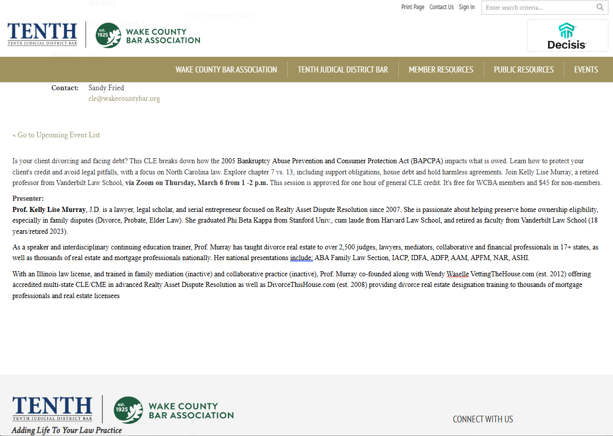 Screenshot of a Wake County Bar Association event webpage for a CLE seminar on bankruptcy, featuring event details, speaker bios, and contact information.